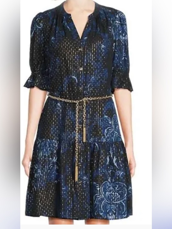 Karl Lagerfeld Dresses & Skirts - Karl Lagerfeld Black and Navy Floral Midi Dress with Chain Belt